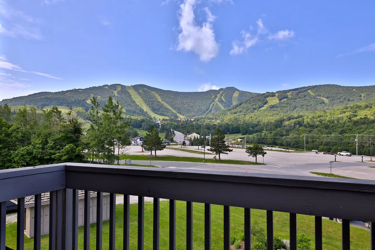 A serene view of the surrounding mountain range, green trees, and open sky, reflecting the natural beauty and allure of Killington as a winter destination. The landscape evokes both adventure and relaxation, tying the property to its scenic mountain setting.